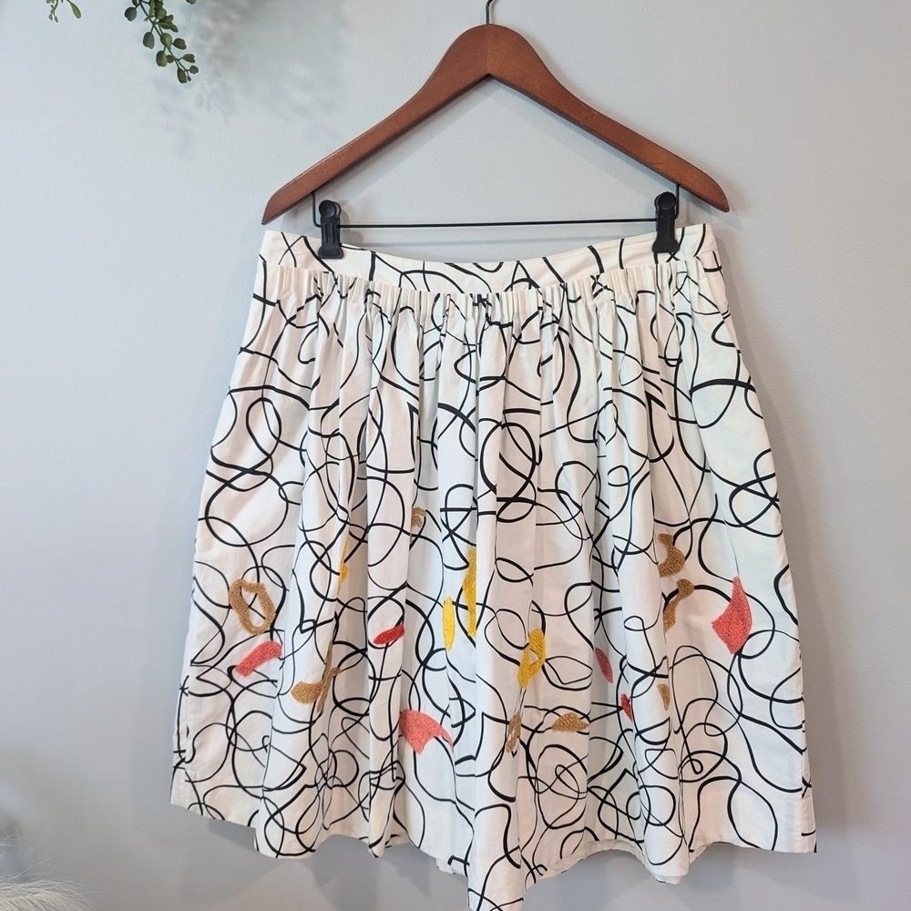 Maeve White Circle-Print Skater Skirt with Coral & Mustard Embroidery